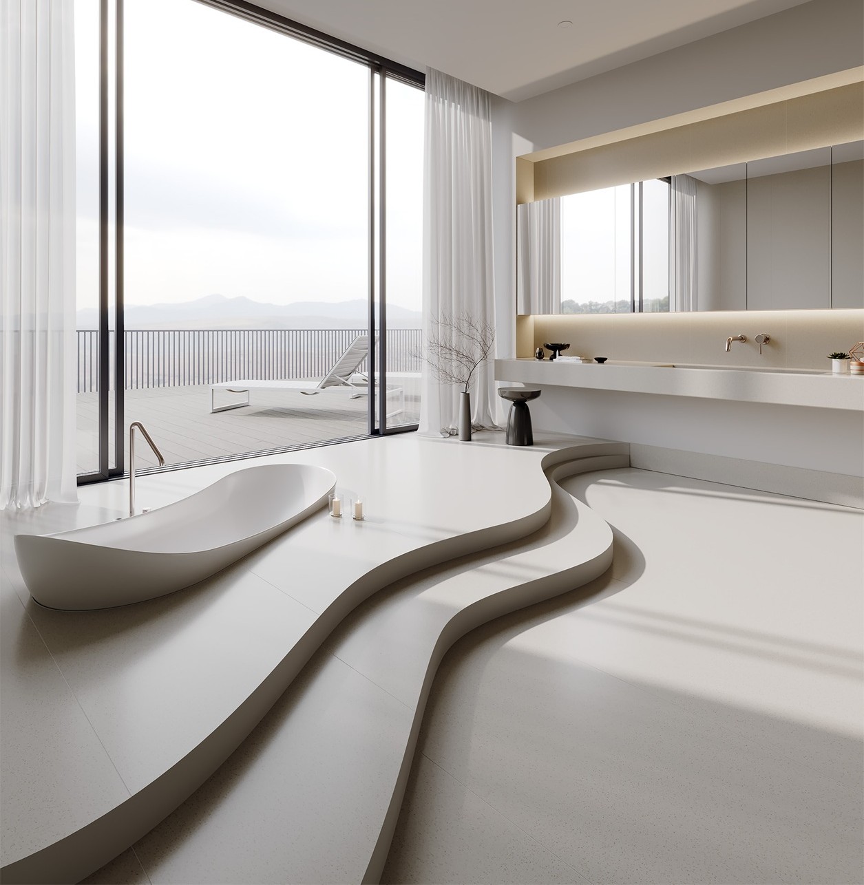 Technistone Crystal Diamond quartz countertop with a light base and subtle shimmer, finished polished and glossy in a bright modern bathroom interior