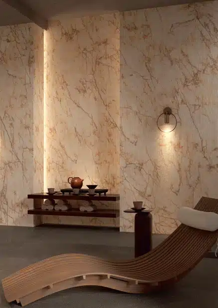 Cristallo Macchia Vecchia Laminam Diamond kollektsiooni plaat, beige-hallikas toonides veeniline muster ja soe valge alus, rõhutades loodusliku kristalli ilu ja peene struktuuri.