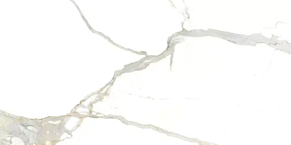 Calacatta Michelangelo marble slab with striking grey and gold veining on a white background.