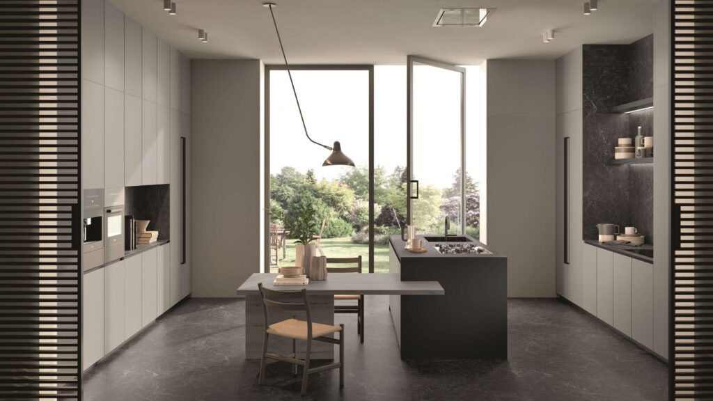 Modern kitchen featuring Nero Greco marble accents, large window, and sleek design.
