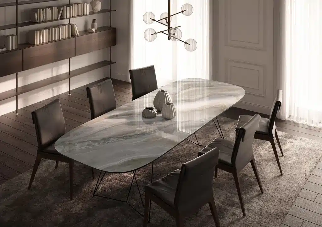 Onice Grigio Laminam pind, halli ja valge varjunditega, peene graafilise mustriga, sobib kaasaegsesse söögitoa atmosfääri Laminam materjaliga