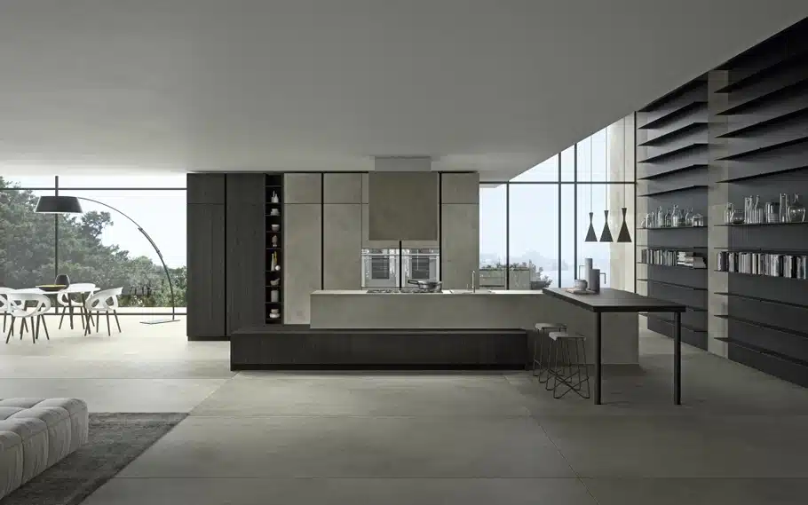 Calce Tortora laminaadi Laminam tekstuuri sarnane kaasaegse köögi esindus, neutraalne toon, 1620×3240 mm suurusega plaat Laminam 12+.