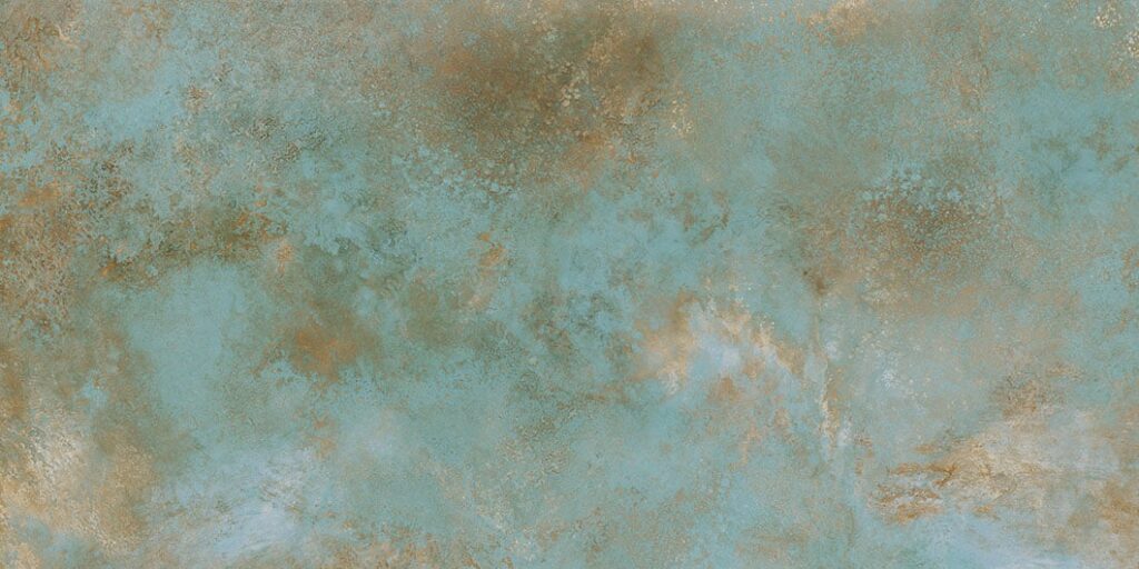 Turquoise Laminam Verderame surface with coppery rust textures and a patinated, stone-like finish, showcased by Marmi Futerno