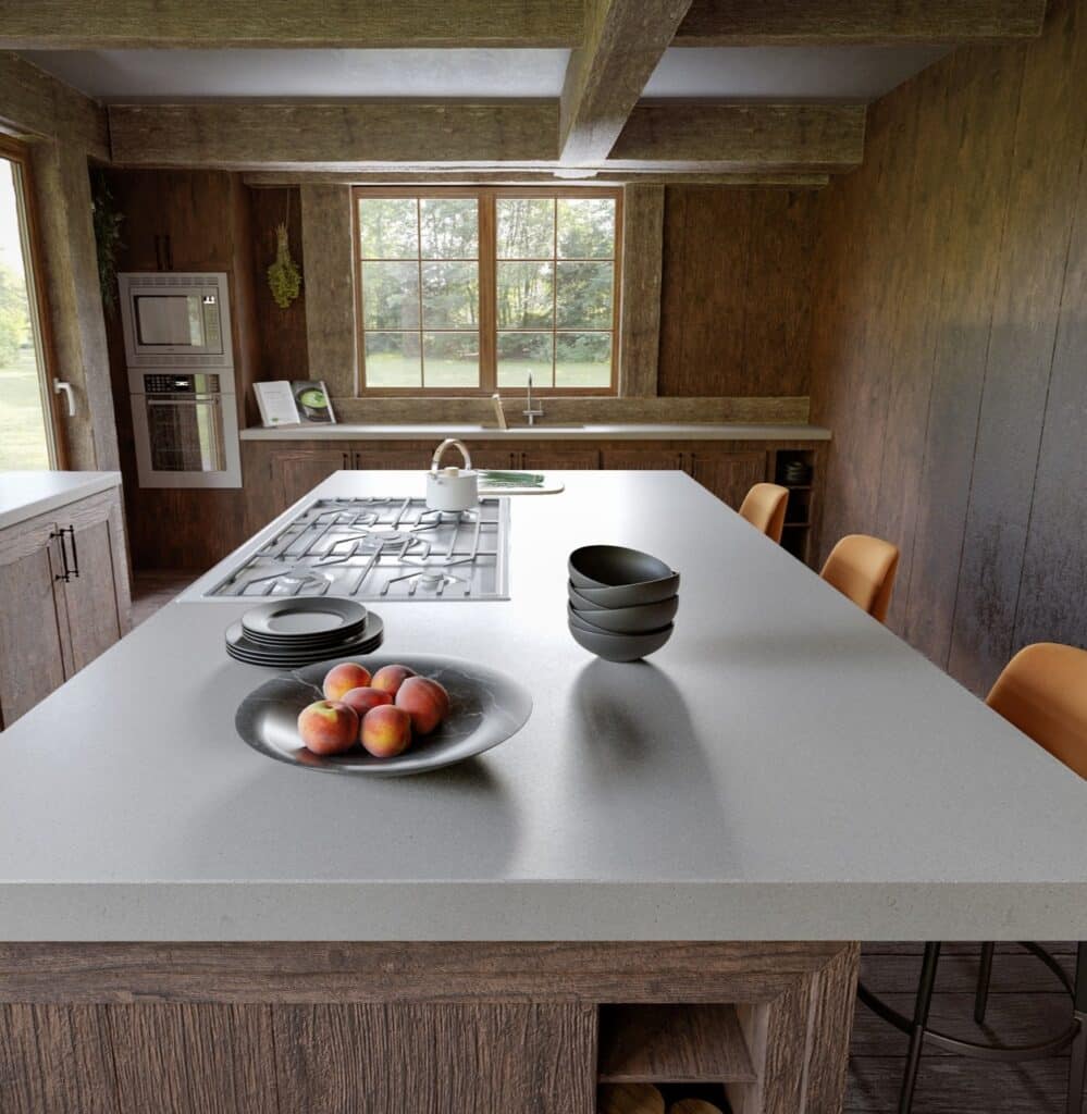 Grey matte TechniStone Gobi Urban quartz worktop with a fine-grained structure and subtle white and translucent quartz particles in a modern interior.