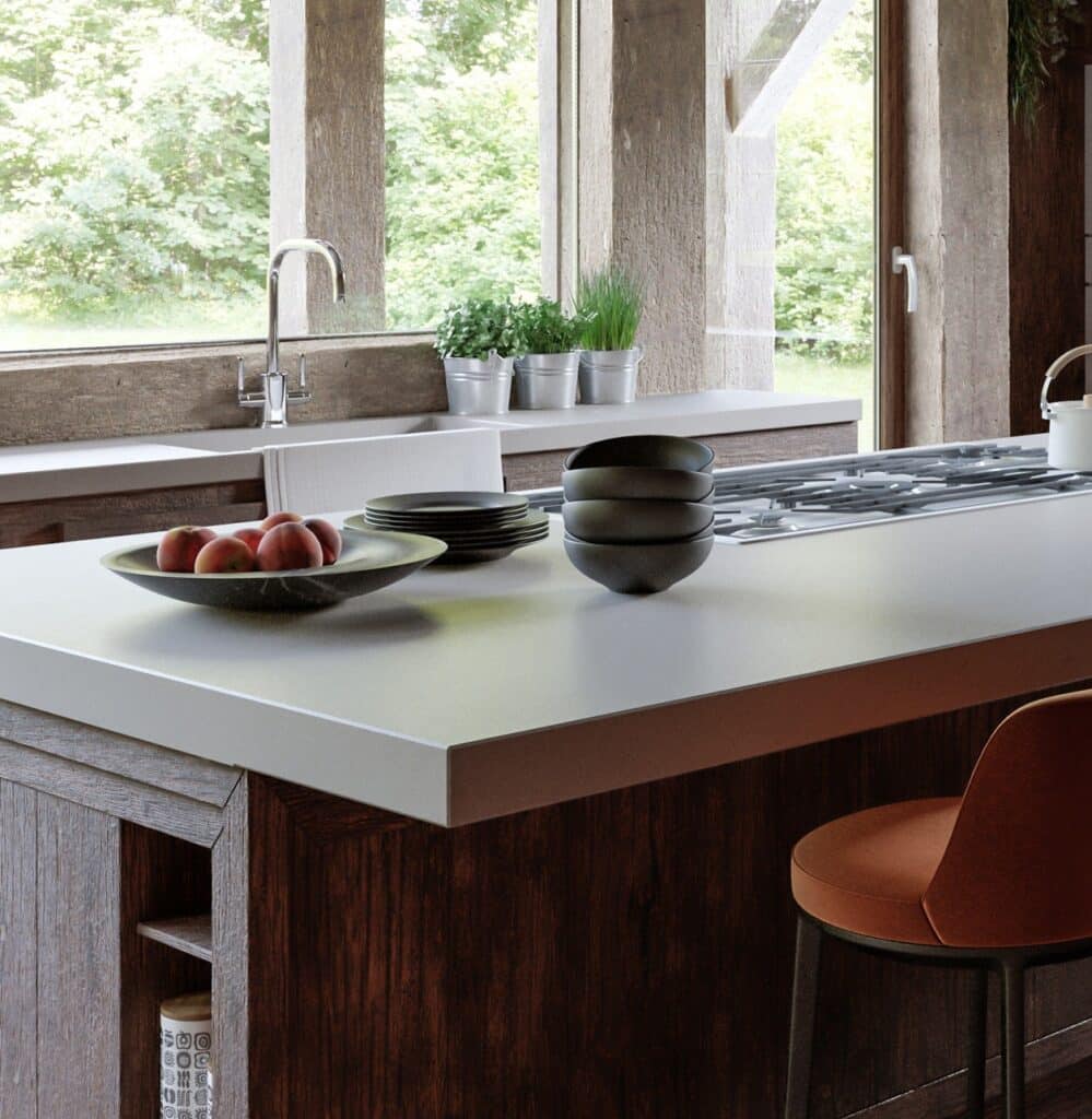 TechniStone Gobi Urban grey, fine-grained quartz surface with subtle white and translucent particles on a modern kitchen countertop