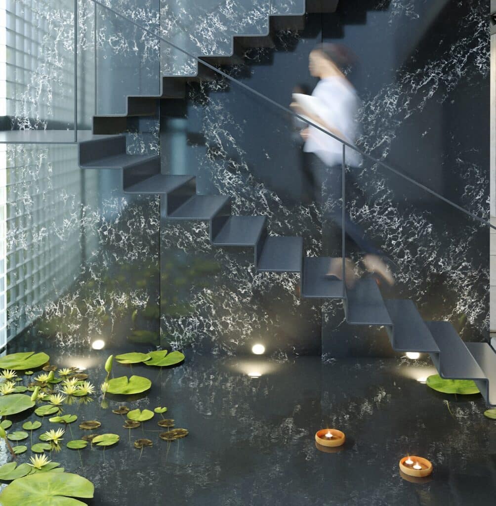 Technistone Pearl Delta quartz with a deep dark base and flowing organic white veining, shown in polished stone steps with reflections.