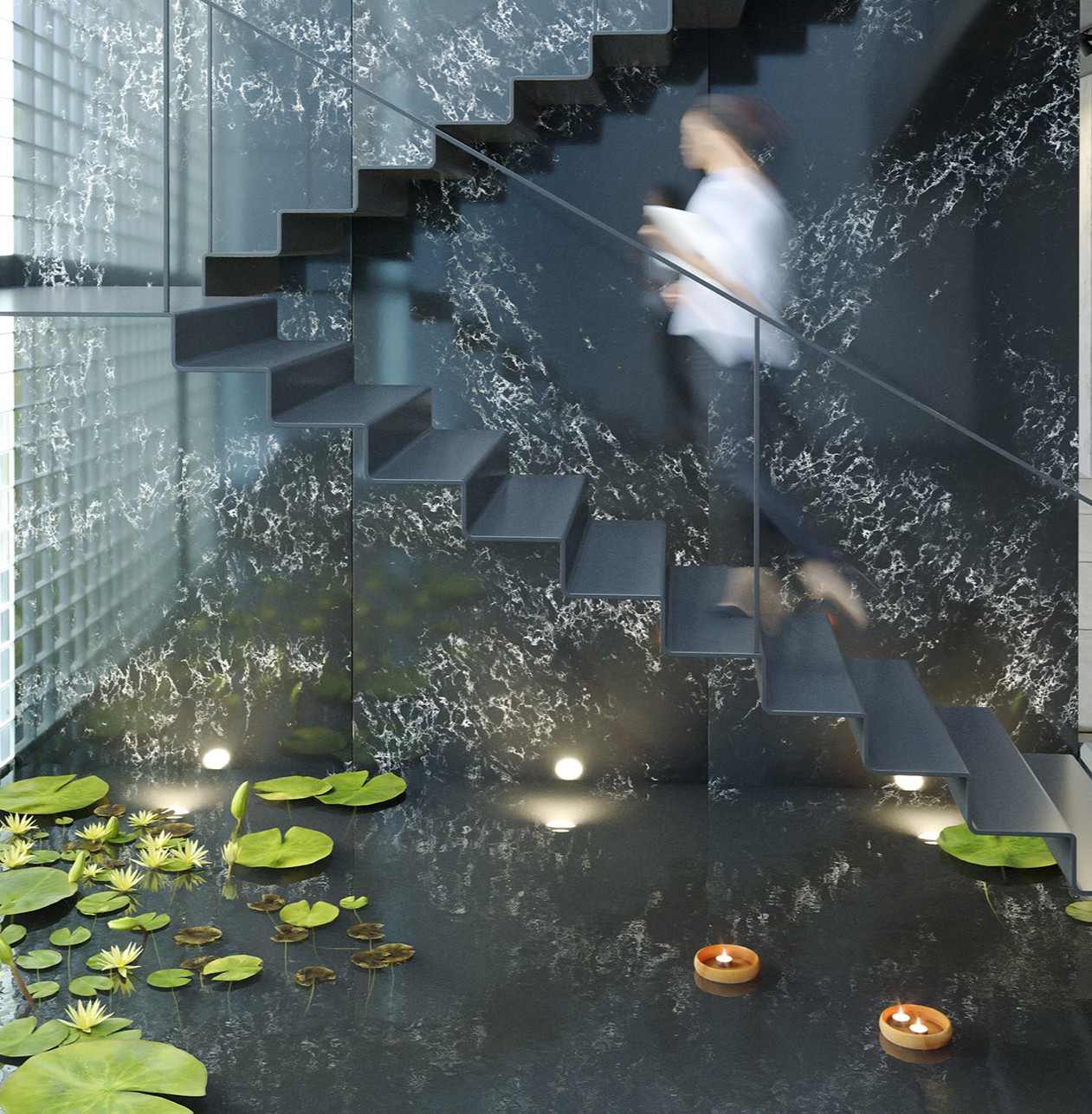 Technistone Pearl Delta quartz with a deep dark base and flowing organic white veining, shown in polished stone steps with reflections.