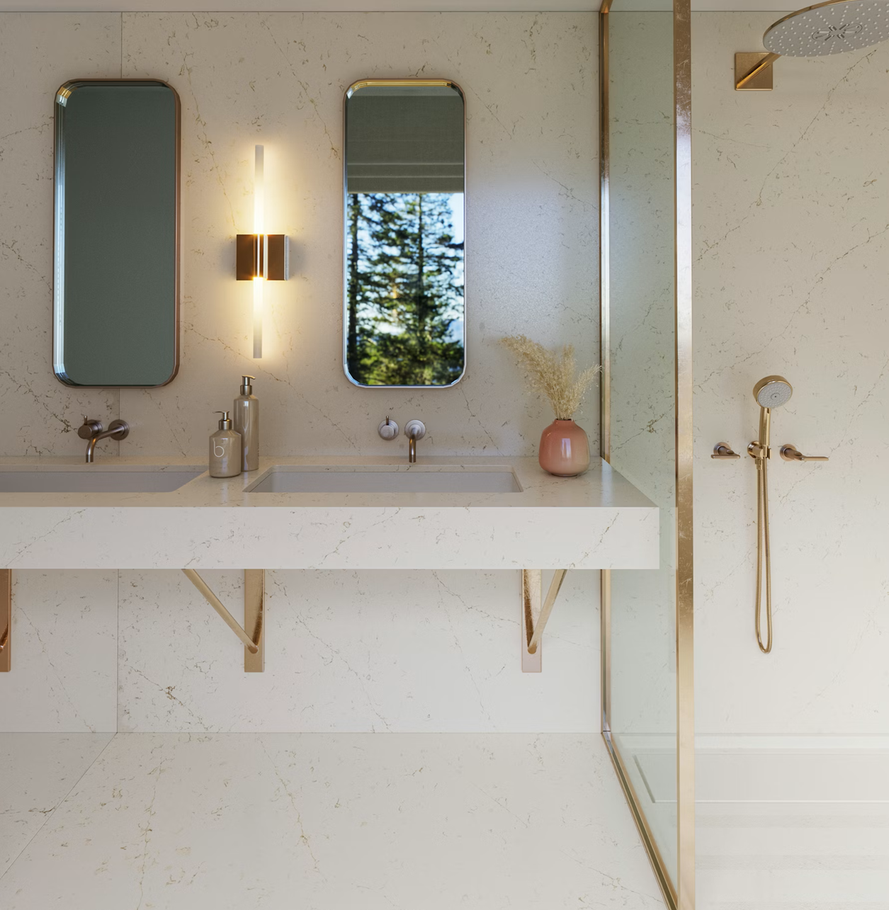Silestone Persian White vanity with double sinks, modern fixtures, and gold accents.