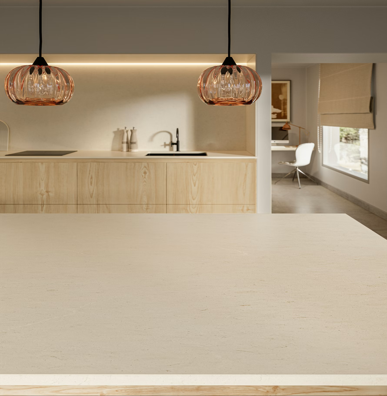 Silestone Linen Cream countertop in a modern kitchen with pendant lights