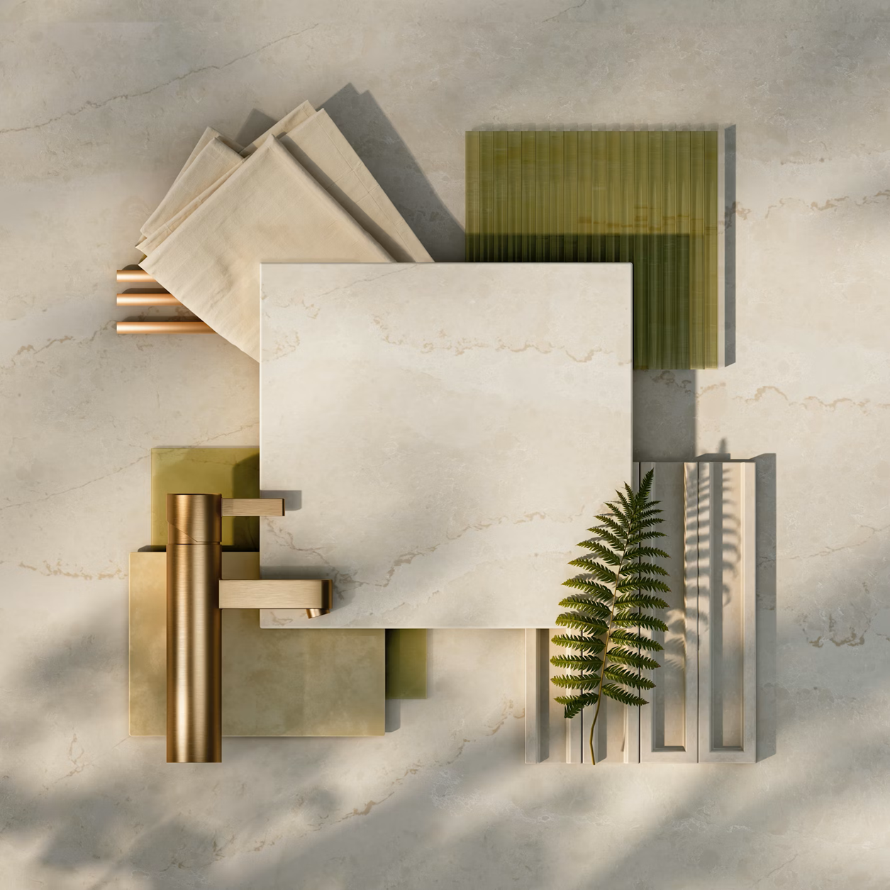 Silestone Calacatta Tova countertop sample with natural textures and brass accents.