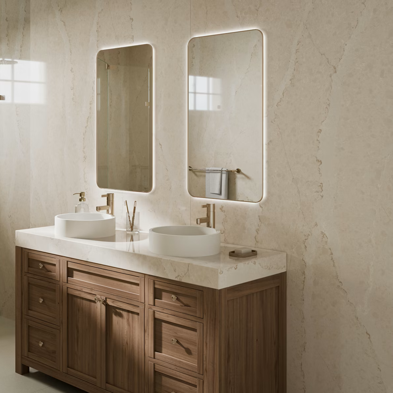 Silestone Calacatta Tova vanity with double sinks and modern mirrors.
