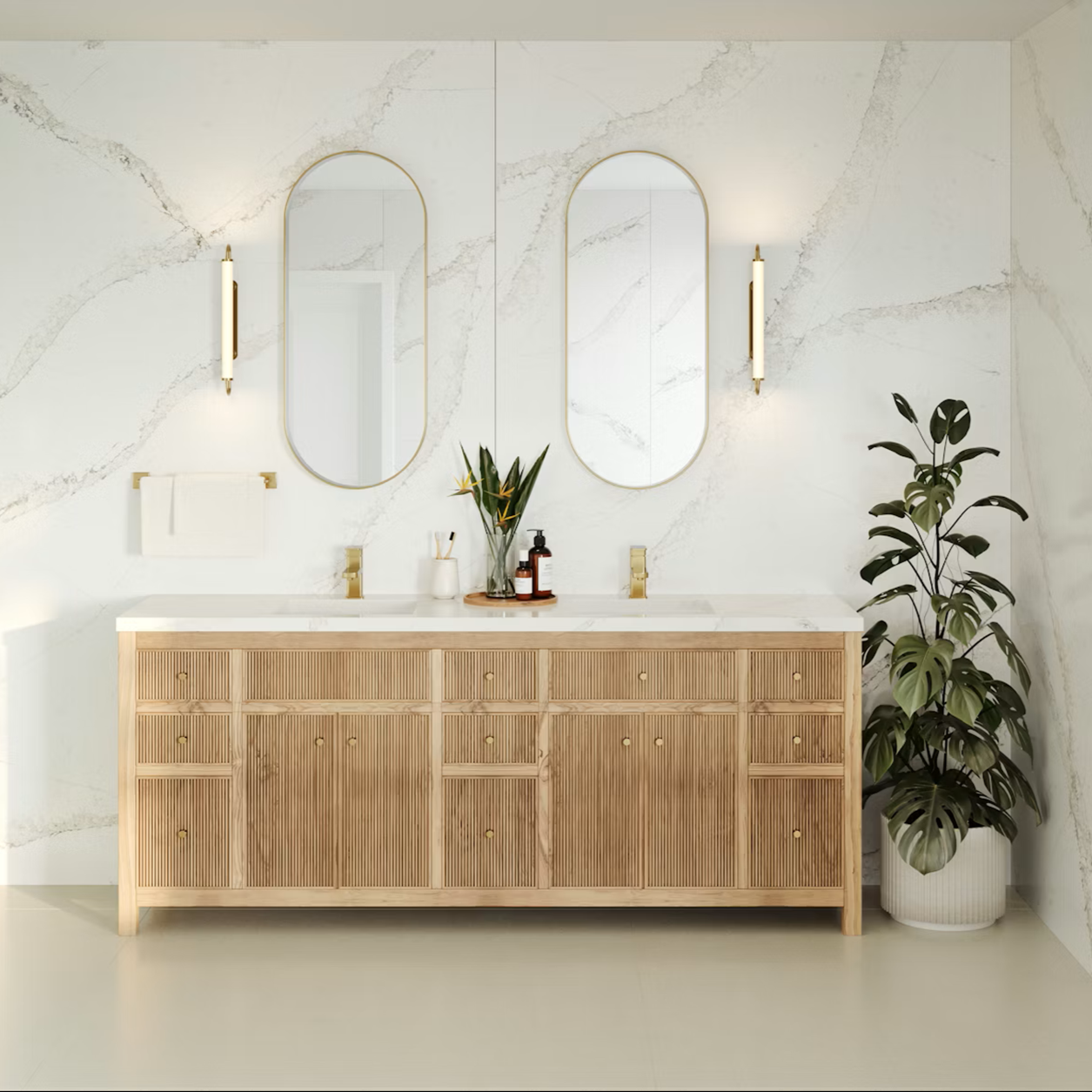 Silestone Calacatta Themis quartz vanity with double oval mirrors in a modern bathroom