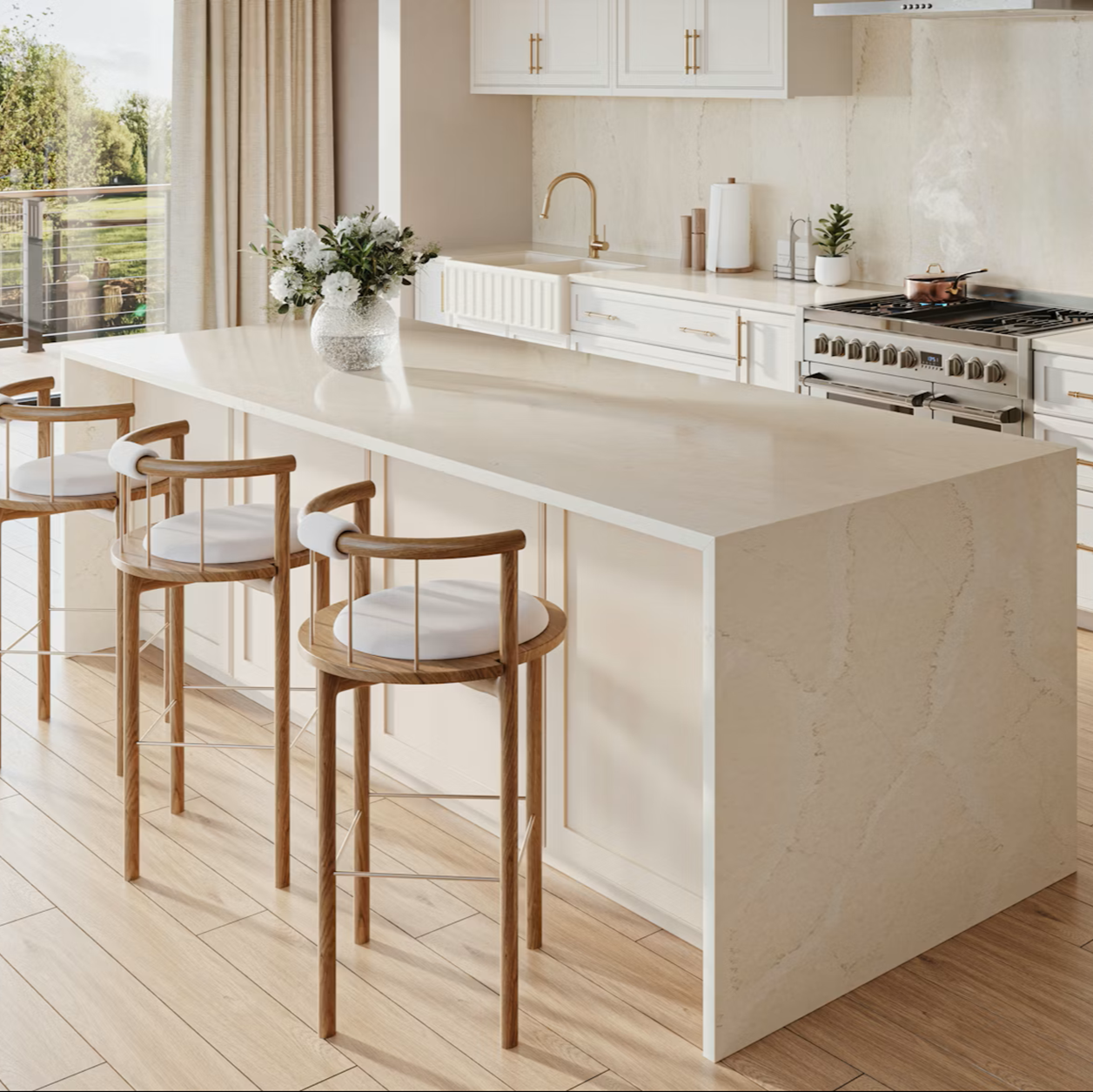 Silestone Calacatta Tova quartz island with bar stools in a modern kitchen.