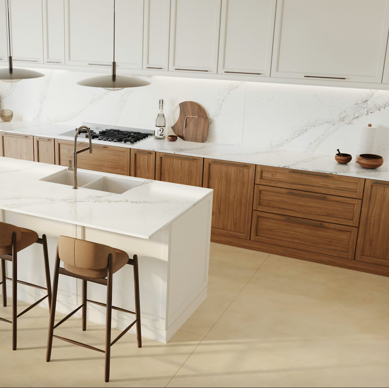 Silestone Calacatta Themis countertop in a modern kitchen with wood cabinets.