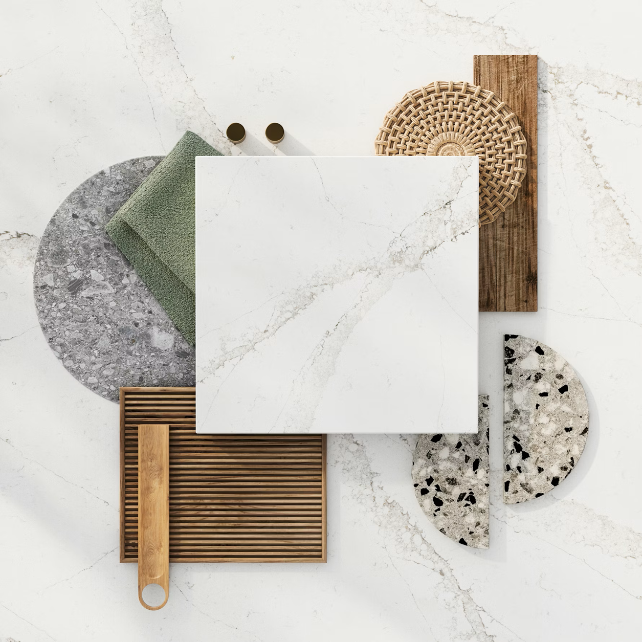 White marble countertop with various home decor items