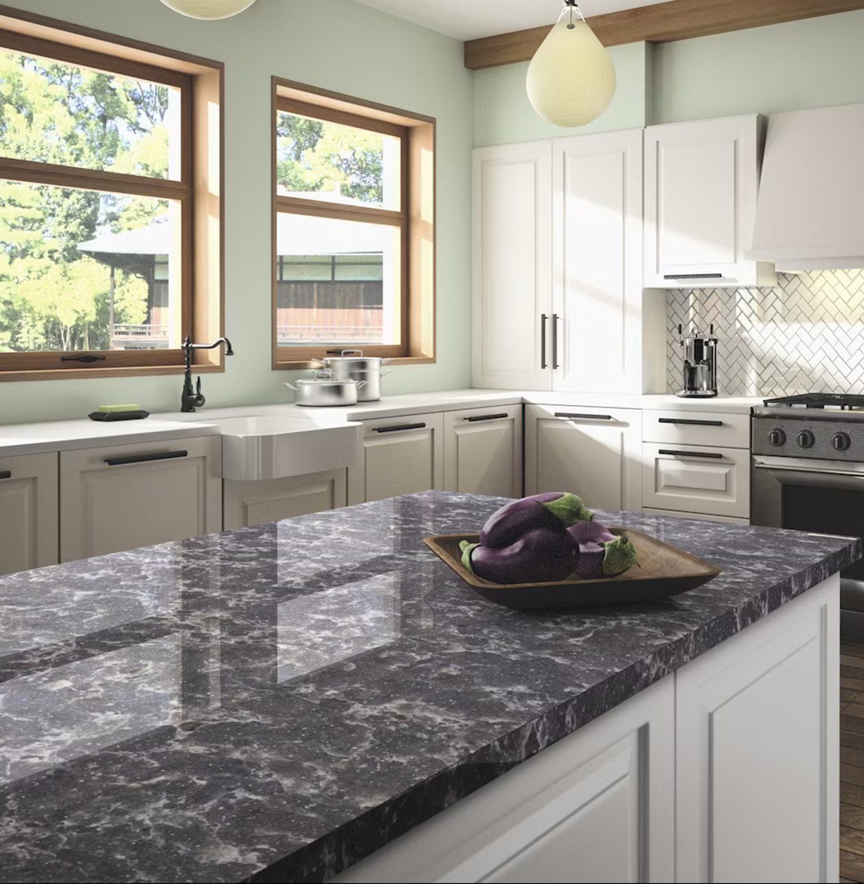 Silestone Ocean Storm quartz surface brings a deep dark background with flowing white and grey veining to a polished kitchen countertop.