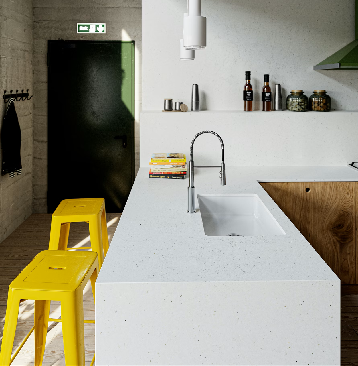 Silestone Lime Delight quartz countertop in light gray with soft lime nuances and subtle textured movement, shown with a modern sink area.