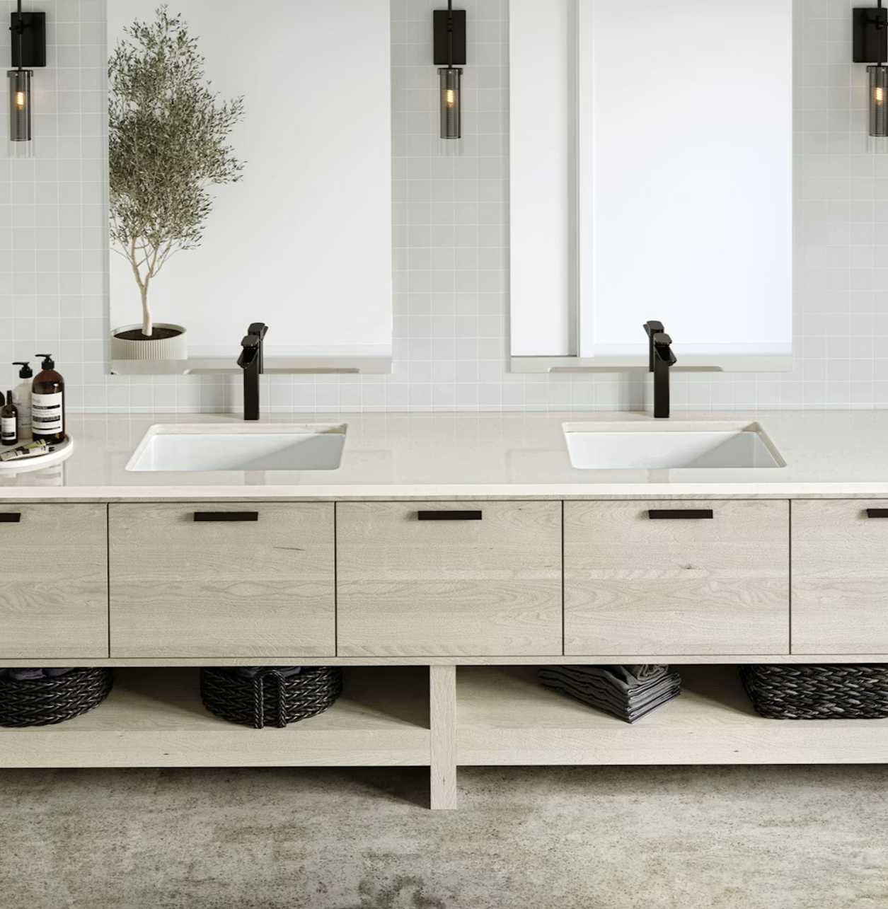 Modern bathroom vanity with Silestone Linen Cream countertop, dual sinks, and light wood cabinets.