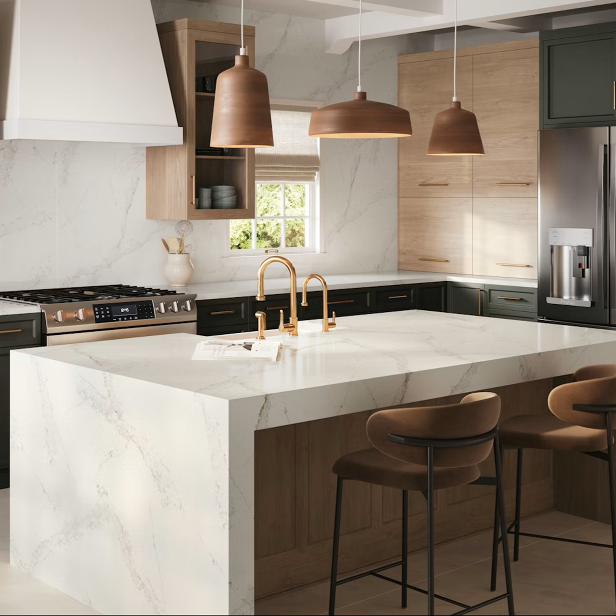 Silestone Bronze Rivers countertop in a modern kitchen with wood cabinets and brass fixtures.