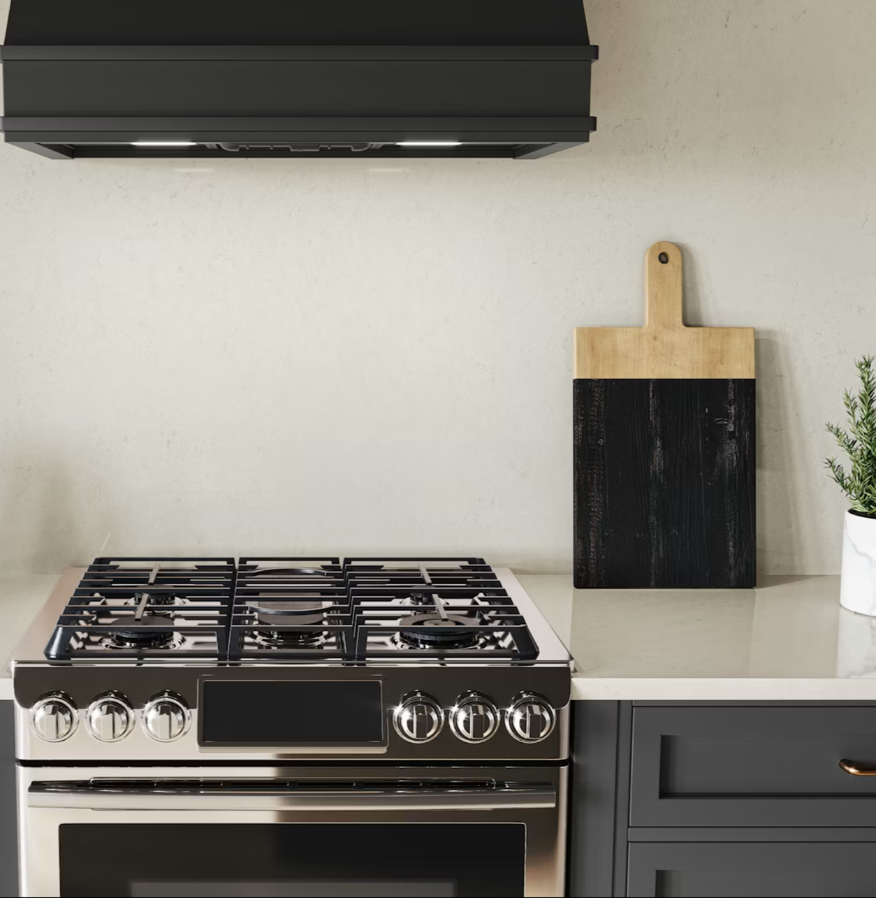 Silestone Linen Cream countertop with a modern gas range and cutting board