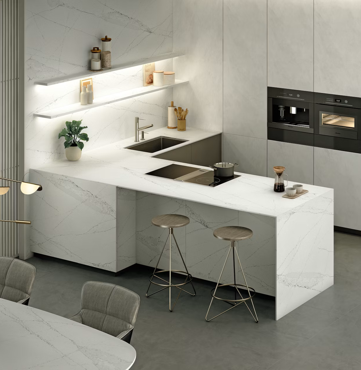 Bright white Silestone Ethereal Haze quartz with flowing gray veining, shown in a modern kitchen counter and backsplash.