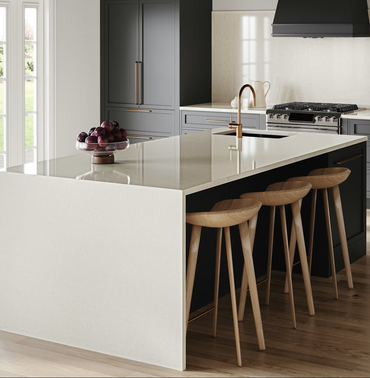 Silestone Linen Cream quartz countertop in a modern kitchen with wooden stools