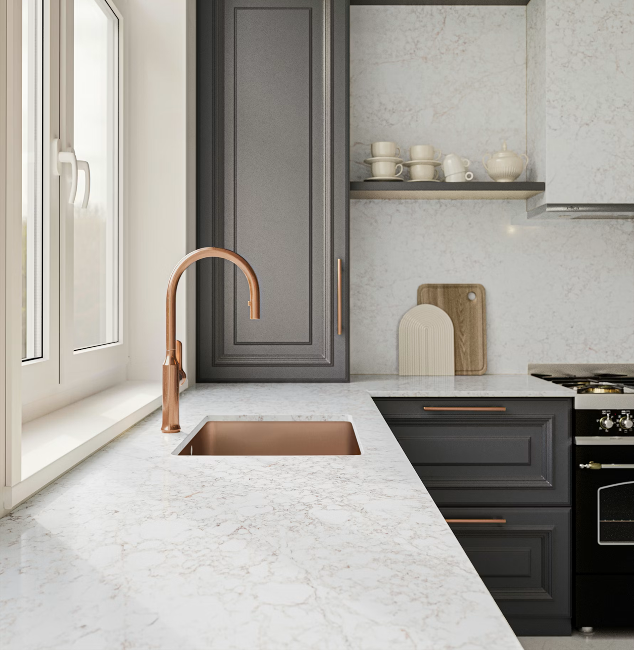 Silestone Rivière Rose quartz kitchen countertop with warm white background and flowing taupe and blush pink veining, polished finish.