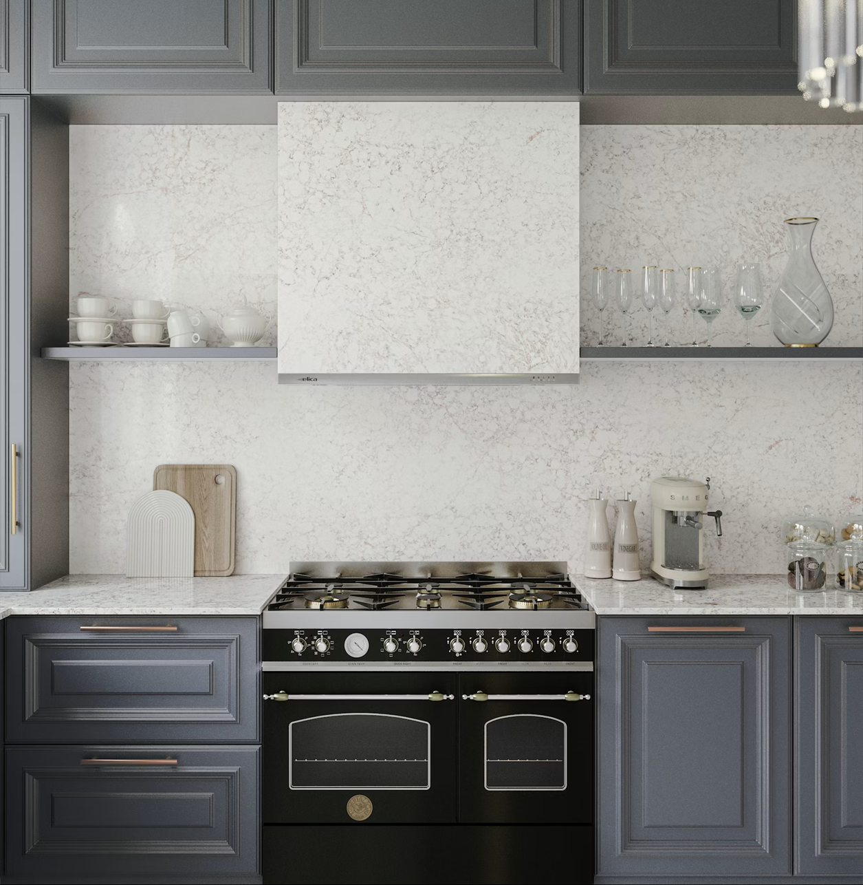 Warm white quartz with flowing taupe and blush pink veining in a Silestone Rivière Rose kitchen, paired with dark cabinetry.
