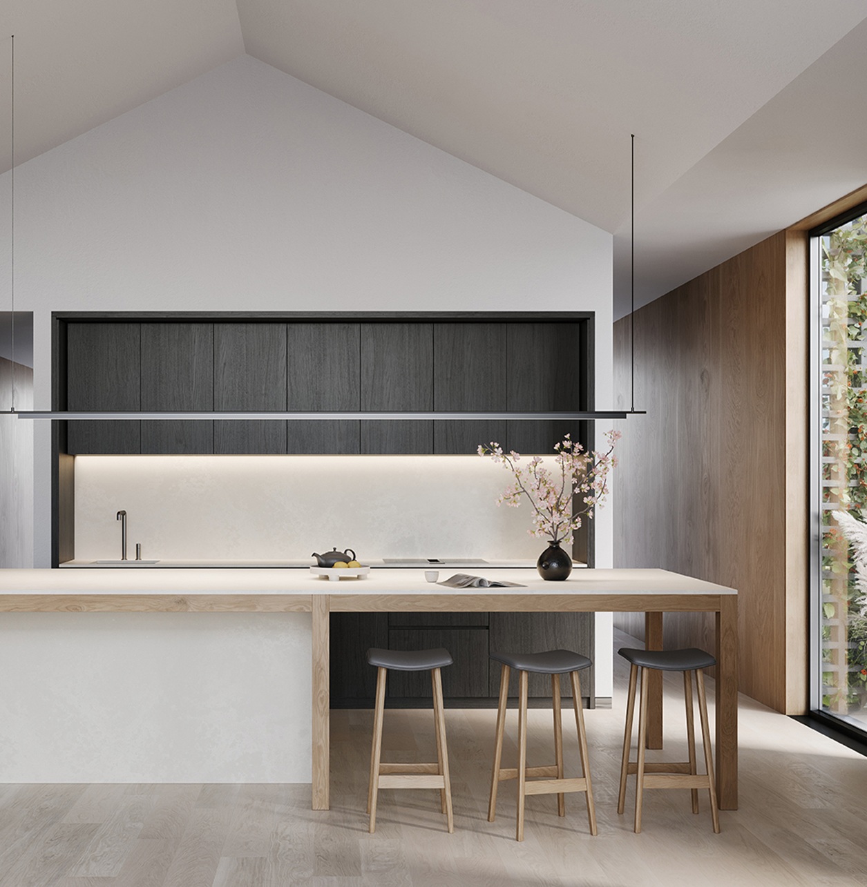 Modern minimalist kitchen with wooden island, three stools, large window, and black cabinetry.