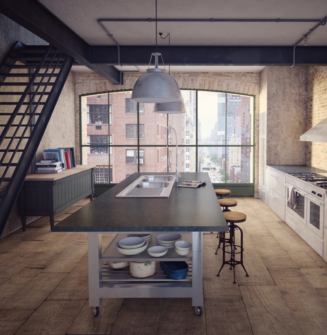 Modern kitchen with Caesarstone 5003 Piatra Grey countertops and large windows