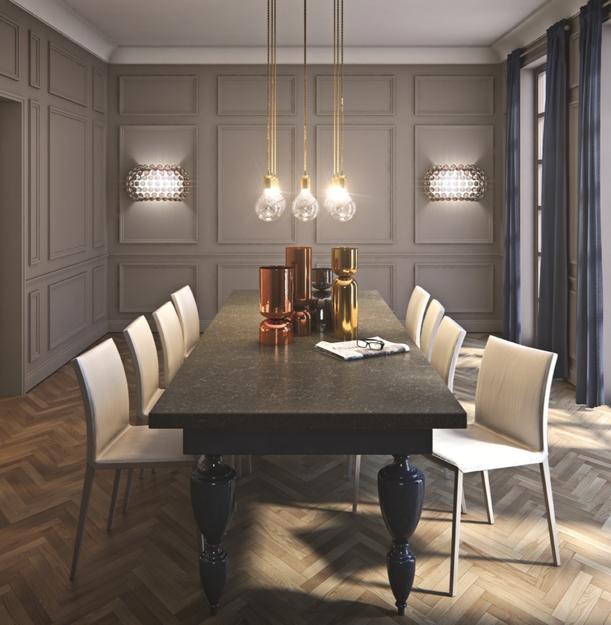 Dining table with Caesarstone 5003 Piatra Grey top, copper accents, and pendant lights