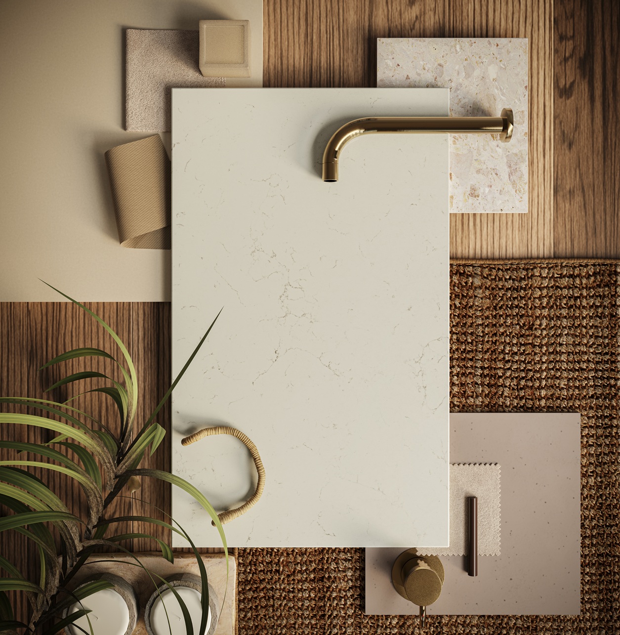 A flat lay of textured materials, brass hardware, plant leaves, and fabric samples arranged aesthetically.