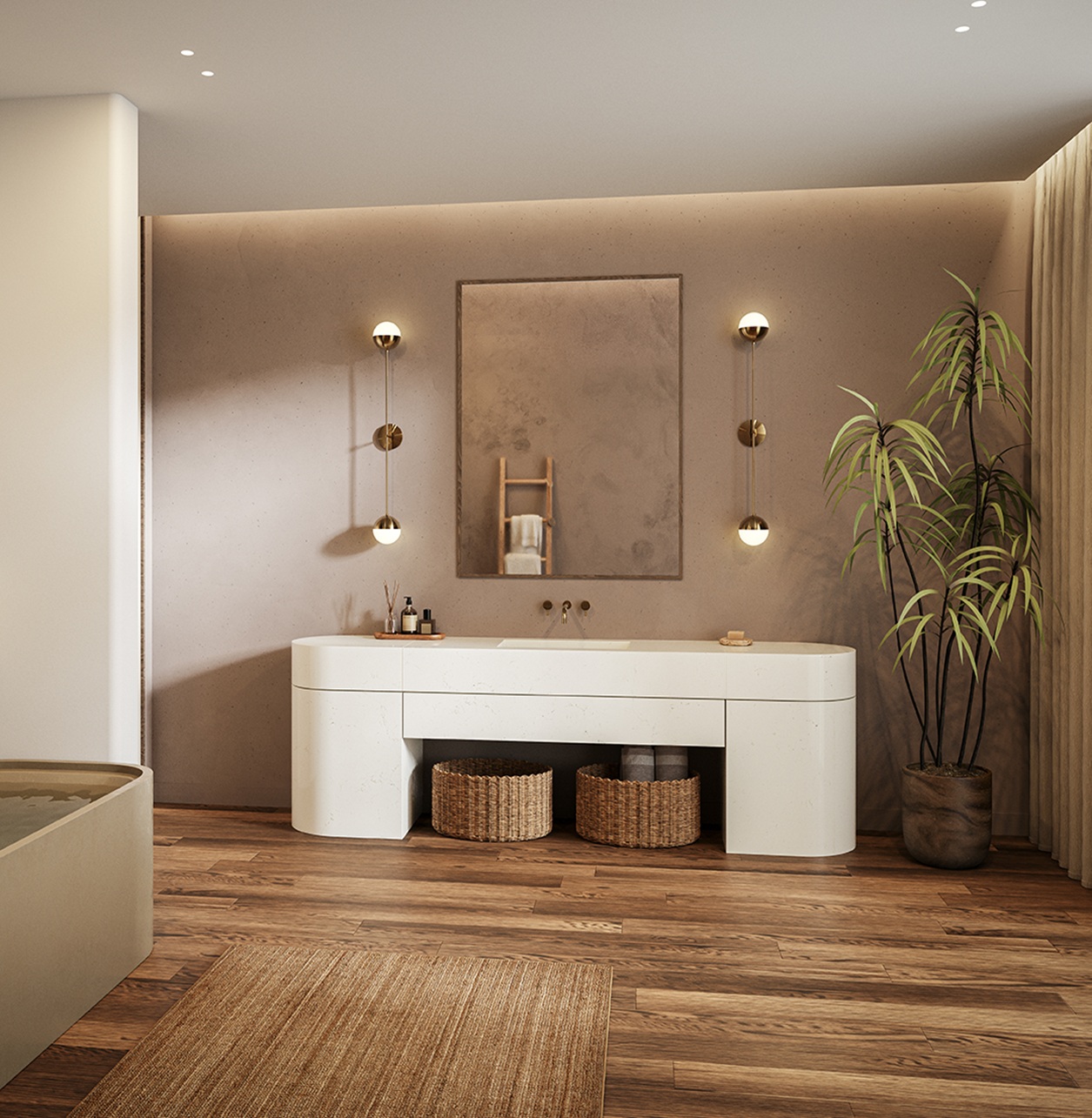 Modern bathroom with minimalist white vanity, round mirror, wicker baskets, wall sconces, and potted plant.