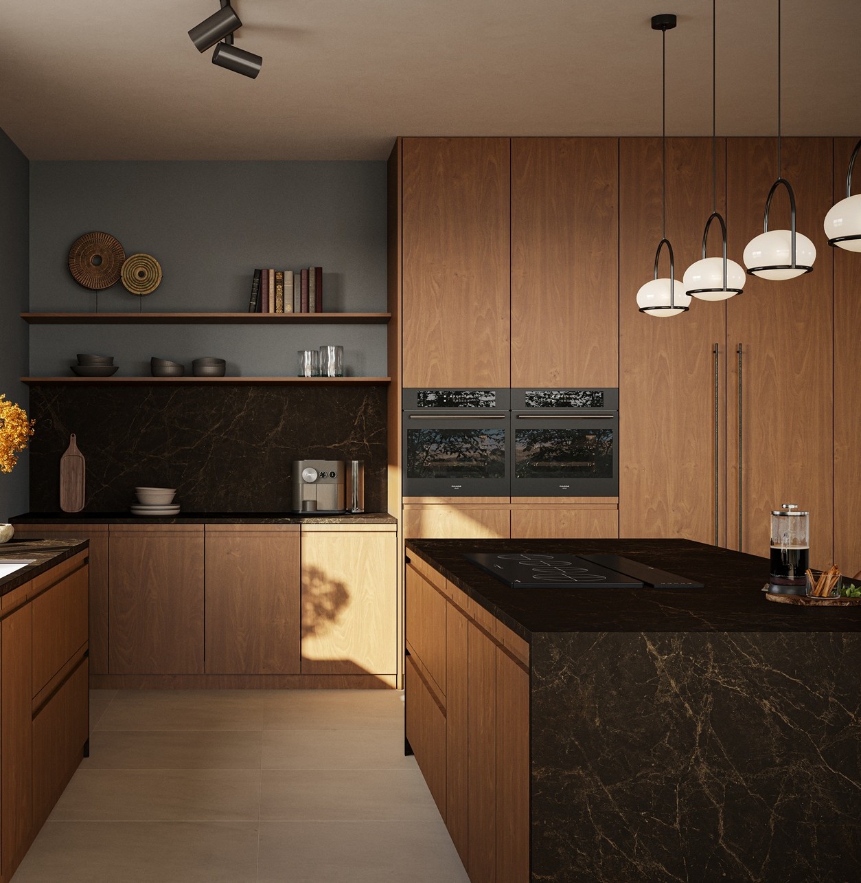Caesarstone 514 Emprada porcelain shows a rich dark brown surface with fine pale veining, earthy mocha tones and natural stone depth.