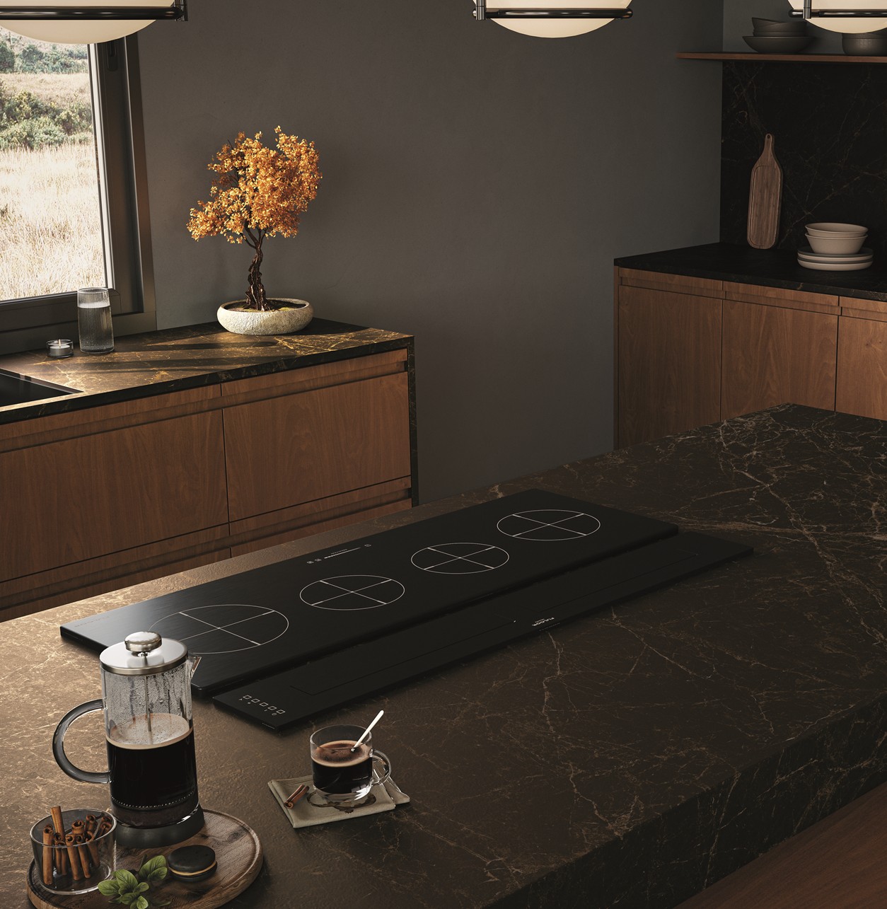 Caesarstone 514 Emprada porcelain surface brings a rich dark brown base, fine chalk white veining and earthy mocha tones to a modern kitchen island.