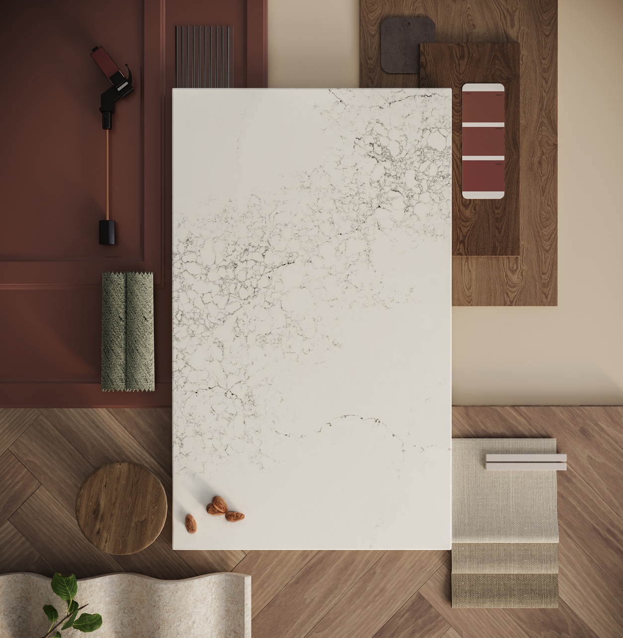 Marble slab surrounded by wood samples, paint swatches, textured fabrics, and decorative nuts.