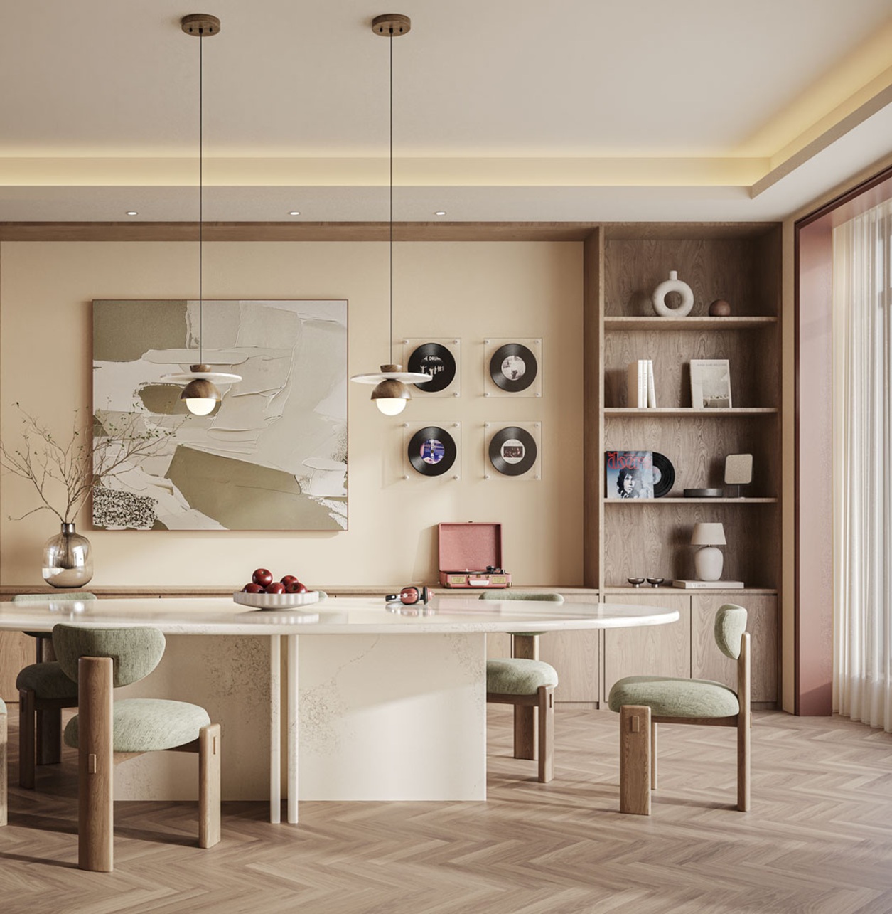 Modern dining area with round table, green chairs, pendant lights, abstract art, vinyl records, and wooden shelving.