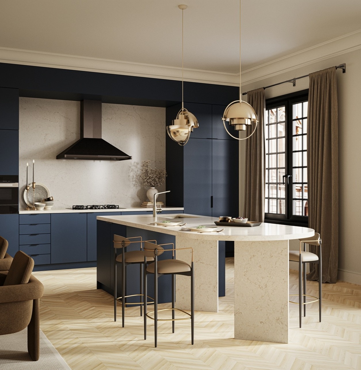Caesarstone 5212 Taj Royale quartz surfaces frame a refined kitchen with navy cabinets, brass pendants and a light herringbone floor.