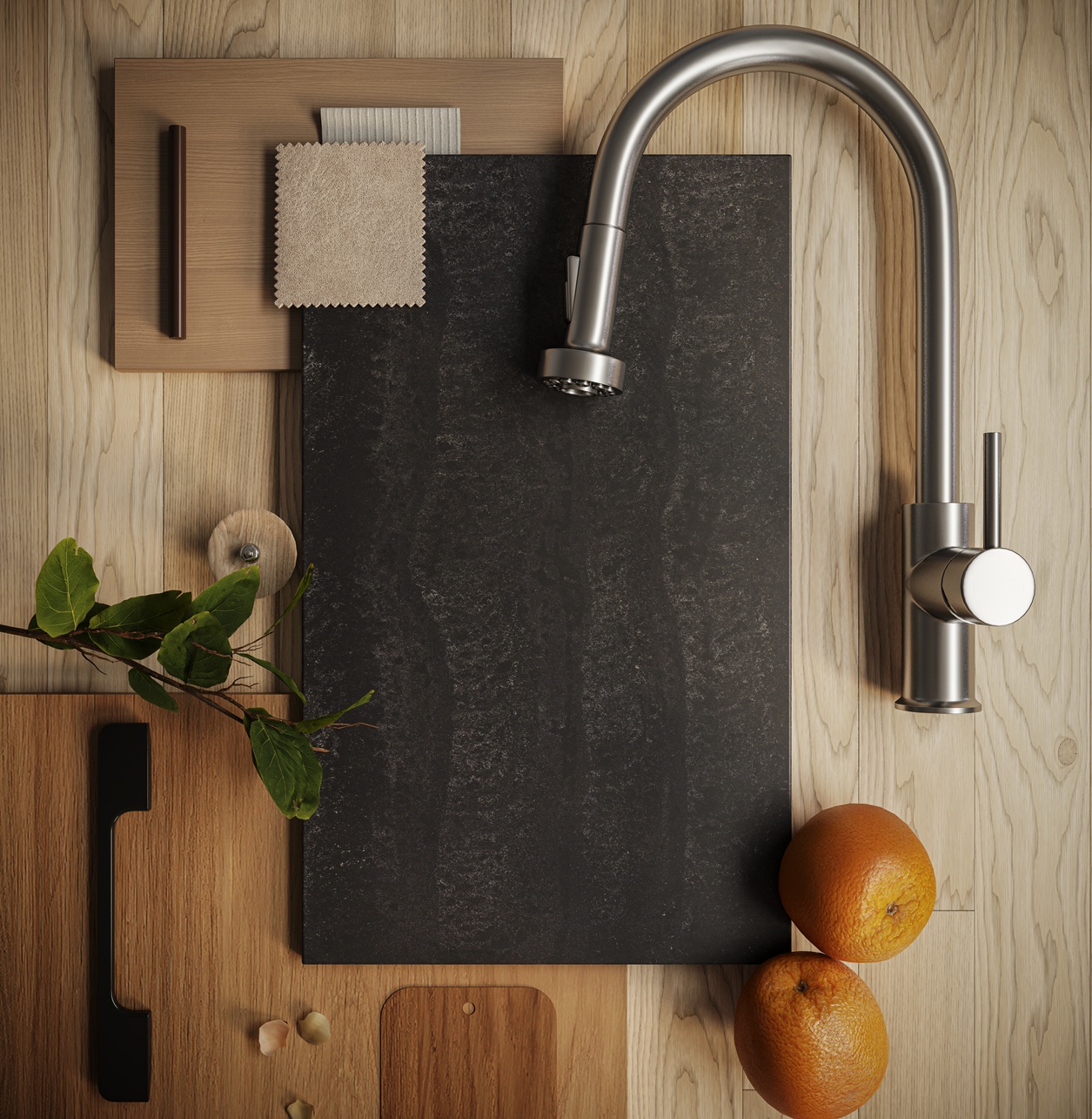 Modern kitchen faucet above black rectangular sink, wooden cutting boards, fabric samples, branch, and oranges on wood countertop.