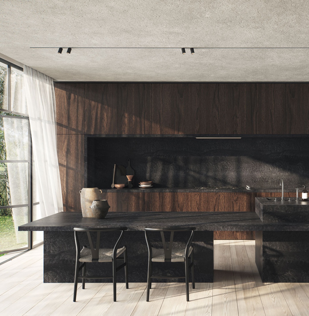 Caesarstone 5810 Black Tempal quartz brings a deep charcoal black surface with soft mineral veils to a modern kitchen island and backsplash setting.