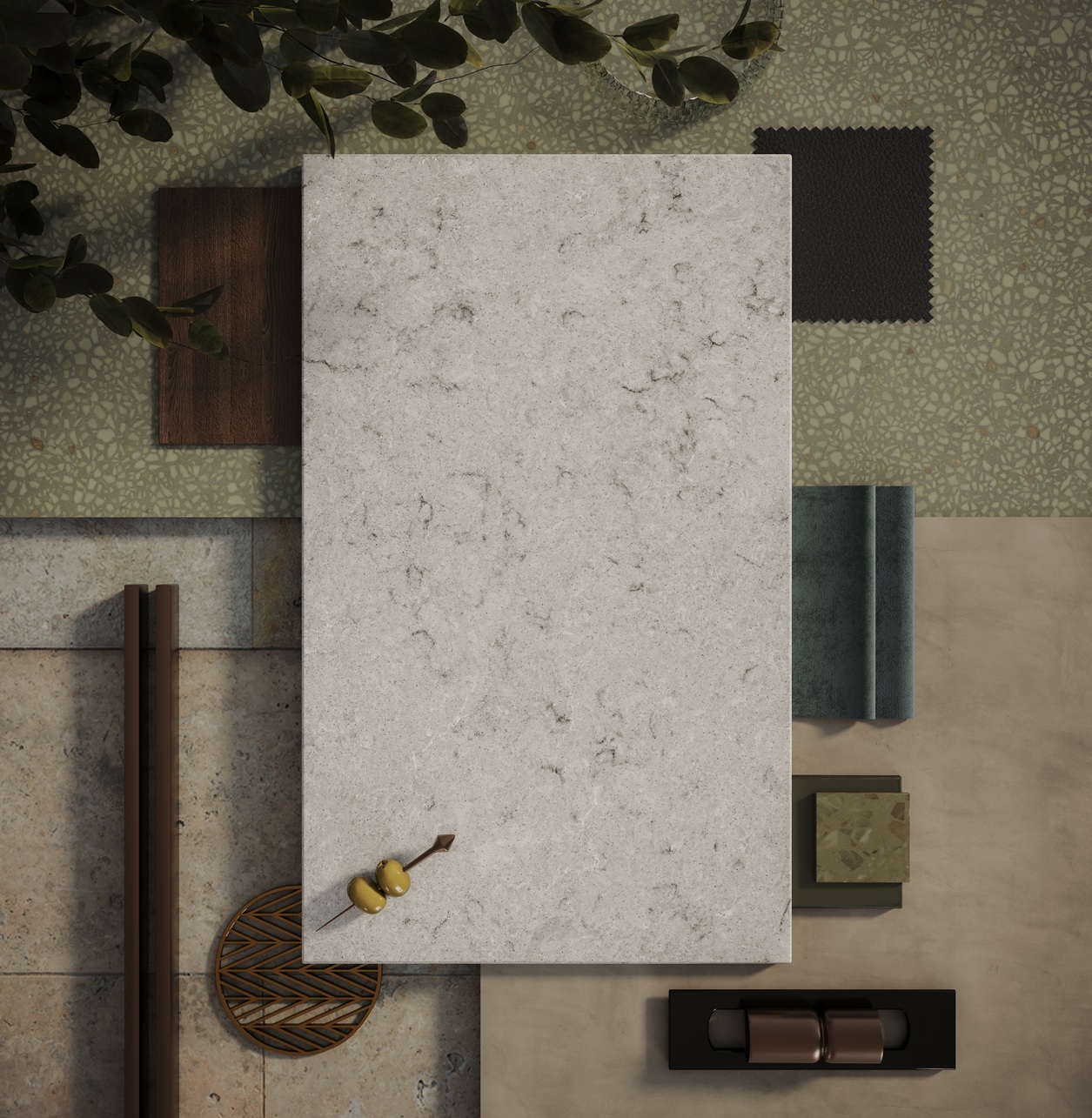 Rectangular marble table, chairs, green plant, and textured flooring with neutral colors.
