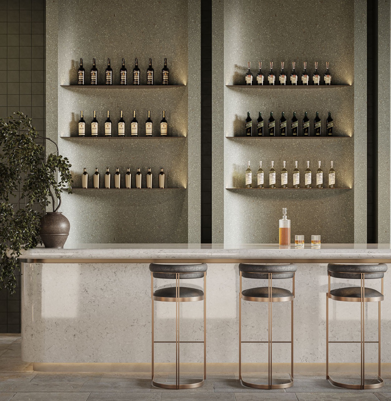 Minimalist bar with three stools, illuminated shelves holding various liquor bottles, and a potted plant.