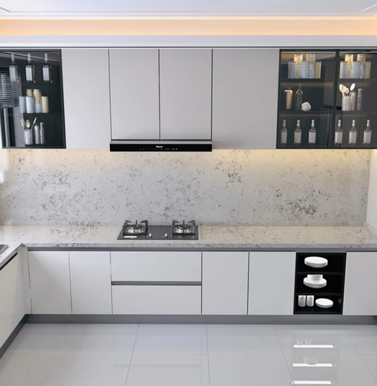 Modern white kitchen with Silestone Helix quartz countertop and backsplash.
