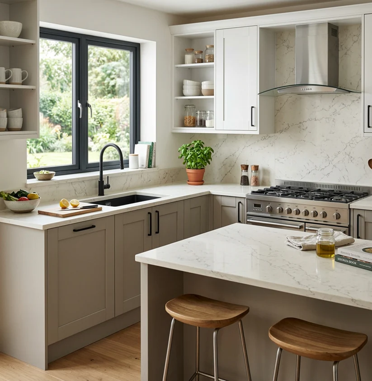 Modern kitchen with Silestone Helix countertops and island