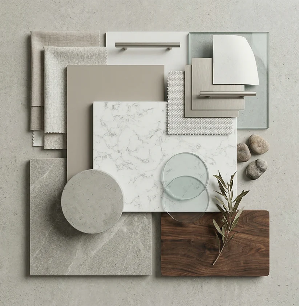 Silestone Helix material palette with marble, concrete, and wood textures.