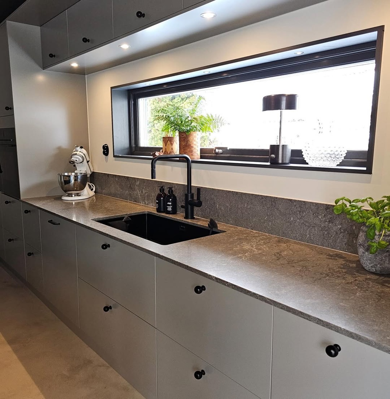 Modern kitchen countertop with built-in sink, plants, mixer, soap dispensers, and window with decor.
