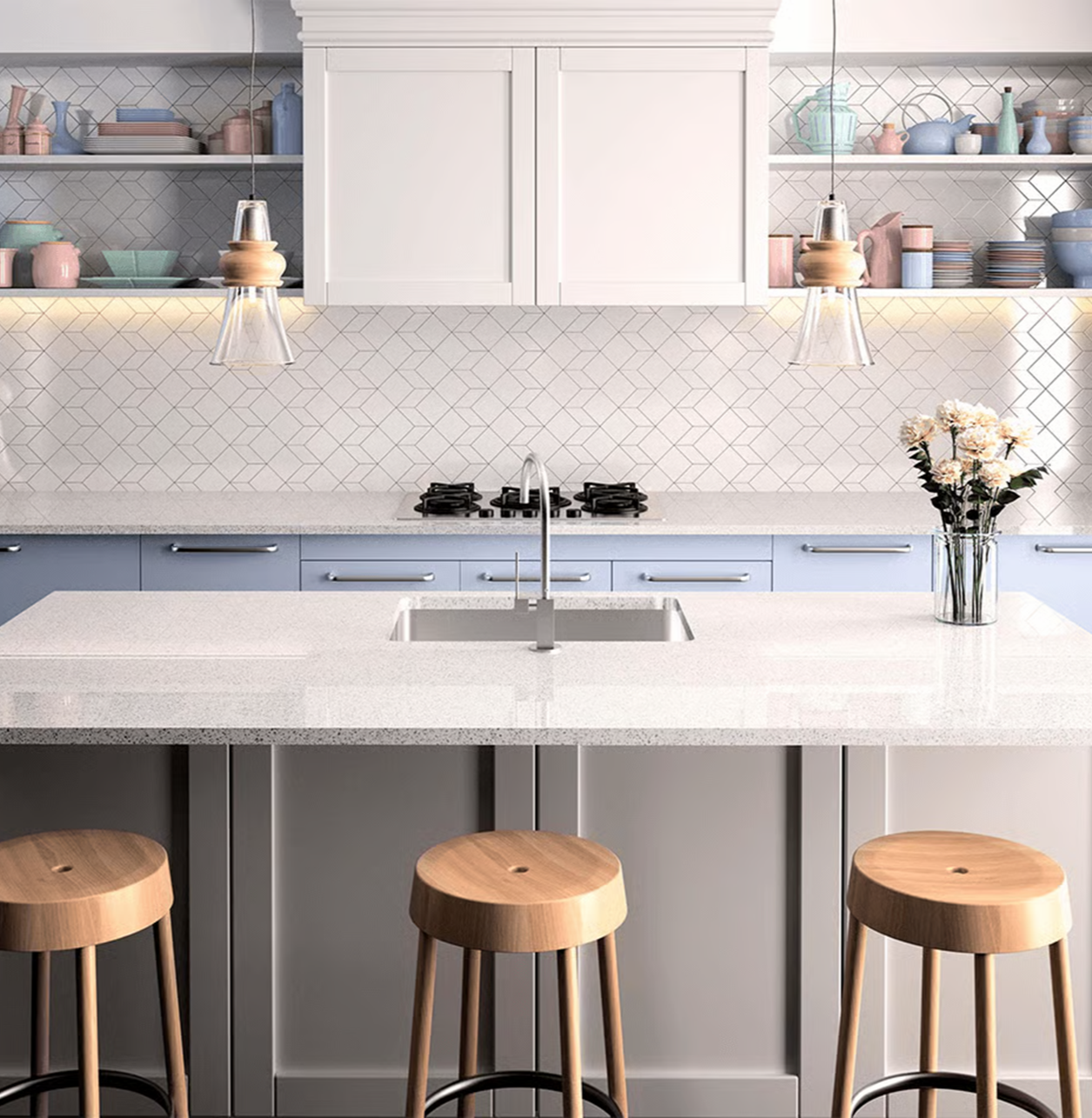 Silestone Stellar Blanco kitchen island with light wood stools and modern cabinets