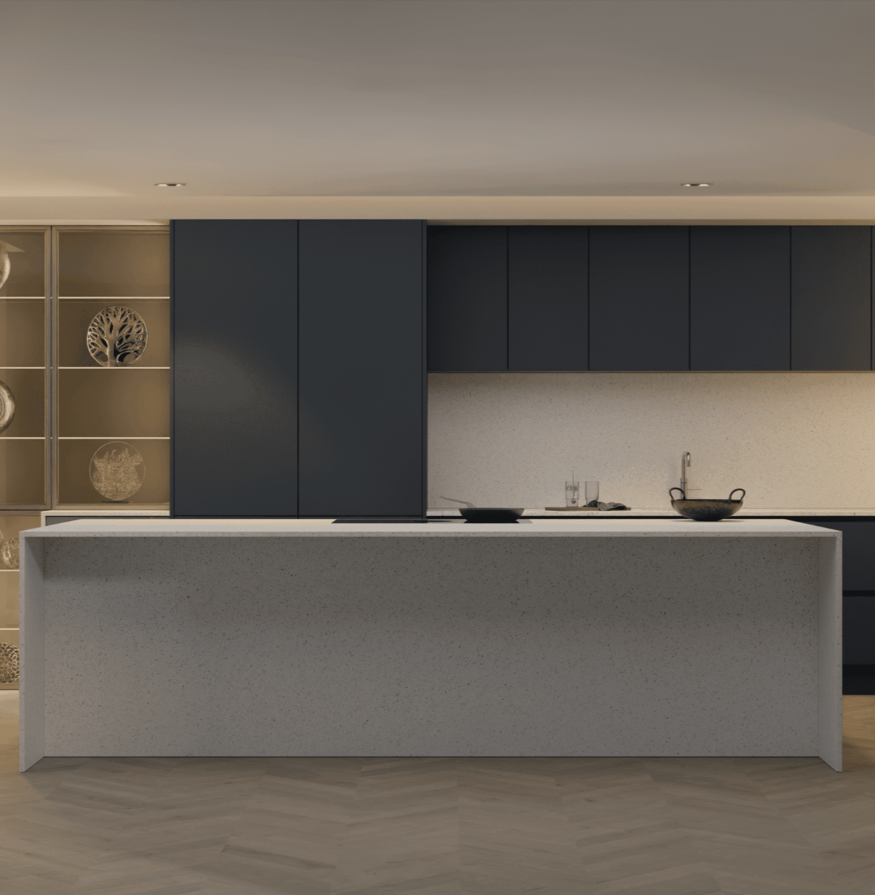 Modern kitchen with Silestone Stellar Blanco island and dark cabinetry