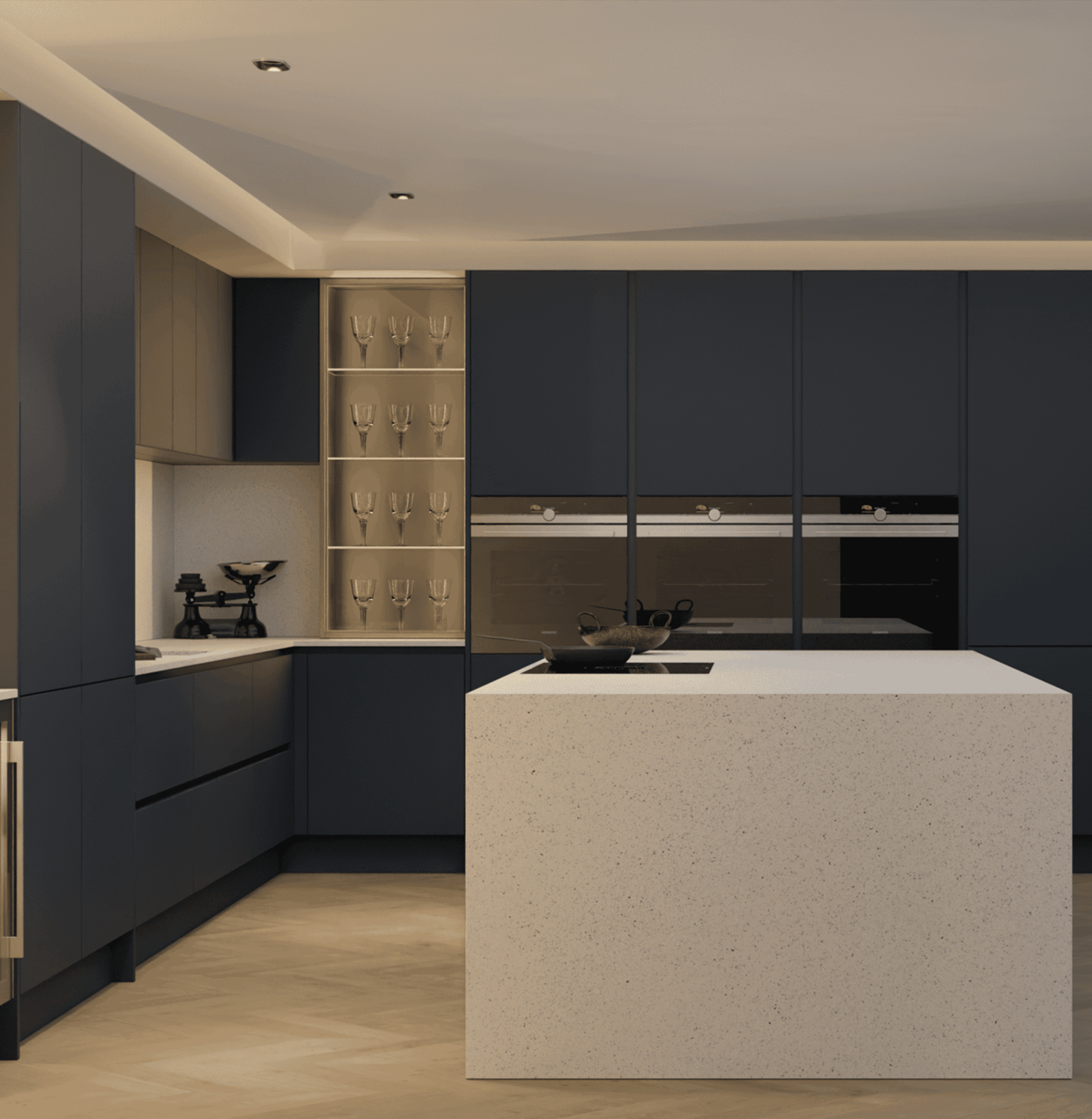Modern kitchen with Silestone Stellar Blanco island and dark cabinets