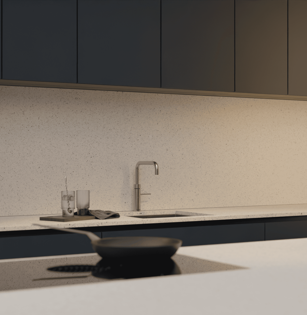 Modern kitchen with Silestone Stellar Blanco13 countertops and a sleek faucet